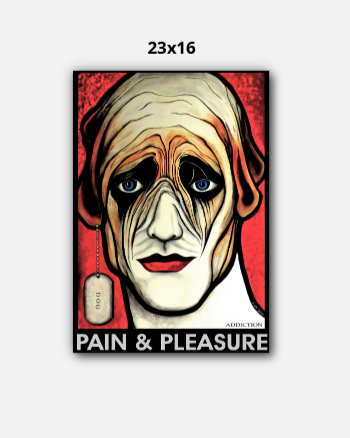 Artistic depiction of a face with red and black accents on a white background, featuring the text 'Pain & Pleasure'.