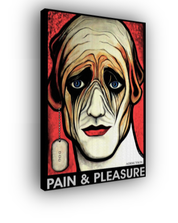 Canvas print of a stylized face with 'Pain & Pleasure' text on a red background
