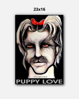 Artistic depiction of a character with red hair and a bow, labeled 'Puppy Love', on a black background.