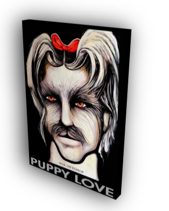 Canvas print of a stylized portrait with 'Puppy Love' text, 23" x 16" size.