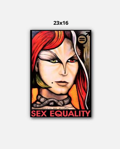 Artistic depiction of a woman with red hair and a message about sex equality on a white background.