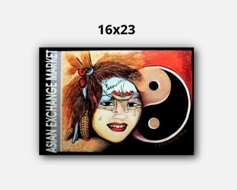 Artistic depiction of a face with cultural elements and a yin-yang symbol, framed by 'Asian Exchange Market'.