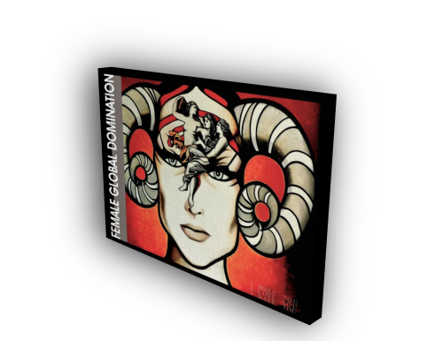 Canvas print with a stylized face and ram's horns on a red background, featuring the text 'Feminist Global Domination'.