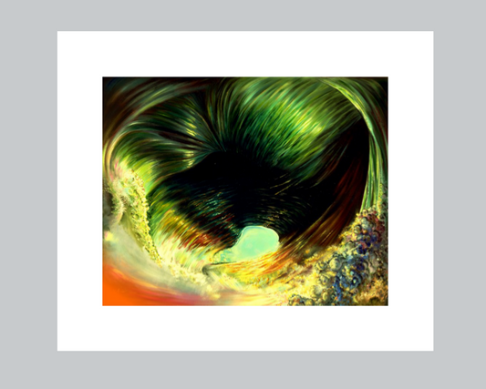 Abstract artwork with swirling colors on a gray background