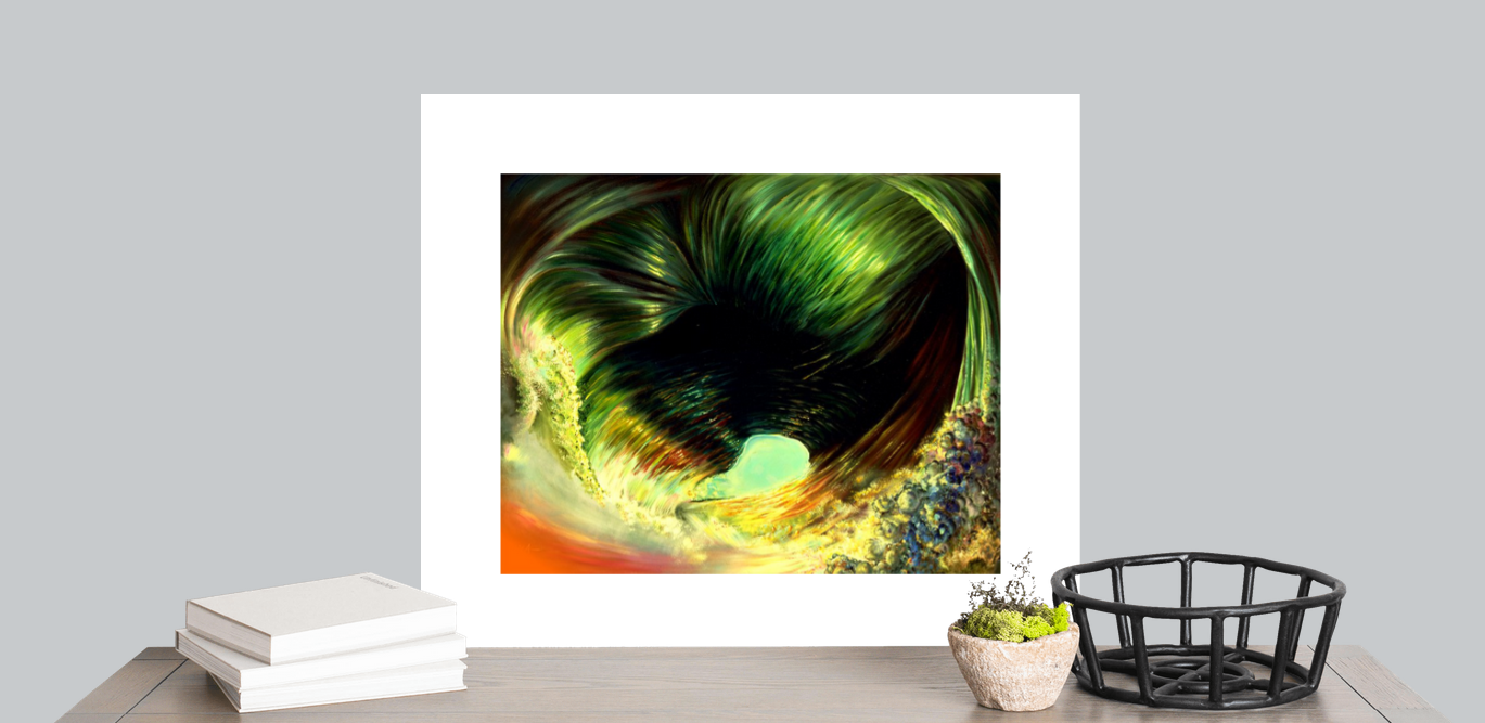 Framed abstract artwork on a table with books and a basket