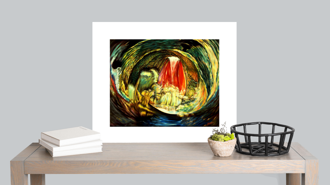 Framed abstract artwork on a table with books and a basket