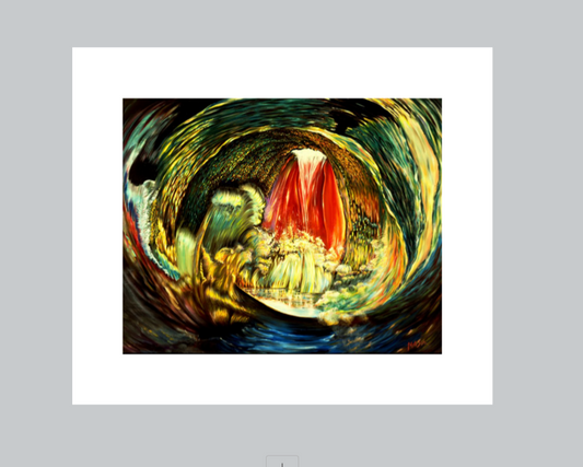 Colorful abstract painting with swirling patterns and a central red light on a gray background
