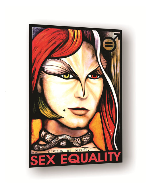 Artistic depiction of a man woman parrot animal spirit with red hair and a stylized face, with 'Sex Equality' text below.