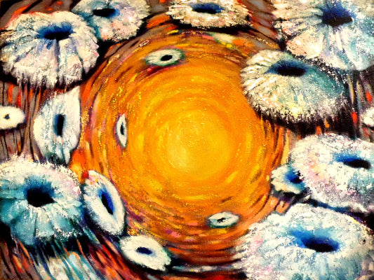Abstract artwork with a central orange circle surrounded by white and blue circular shapes