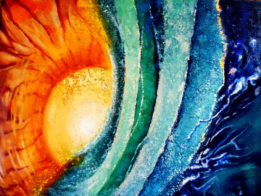 Abstract art with swirling colors of orange, green, and blue.