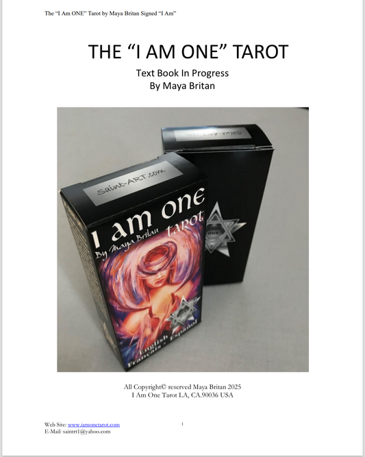 Screen capture of a smartphone displaying an app with a 'I AM ONE' Tarot book cover.