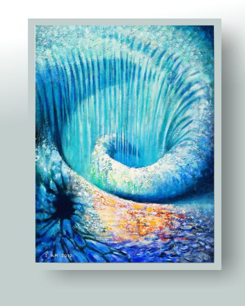 Framed artwork of a blue and white abstract design on a light gray background