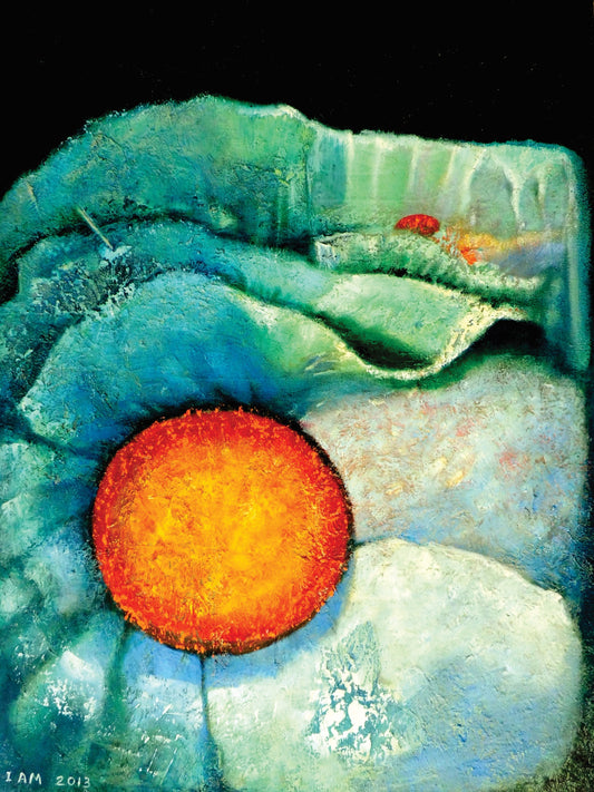 Close-up of a flower petal with a bright orange center on a textured green background