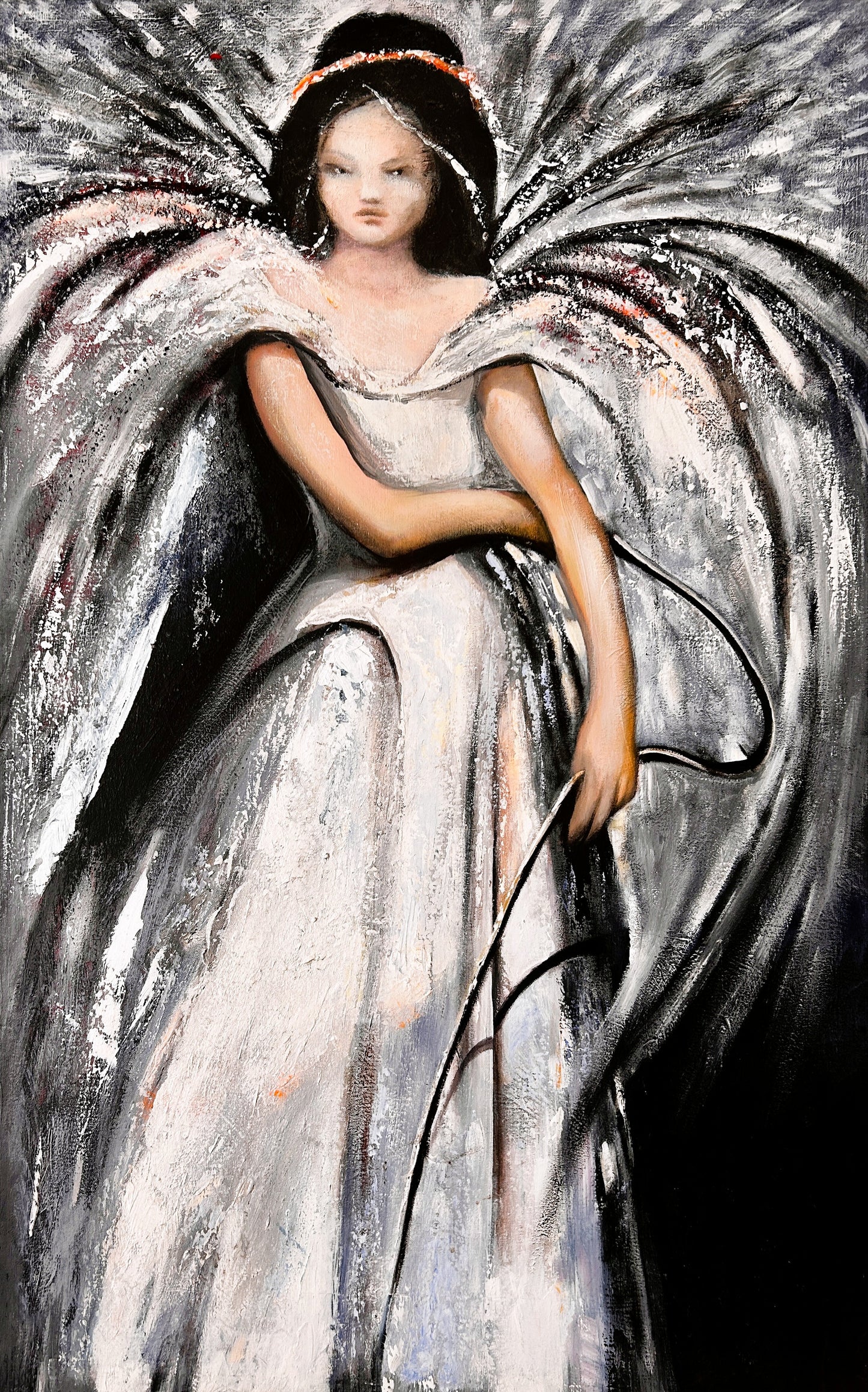 Angelic art depiction of a woman in a flowing white dress with abstract elements