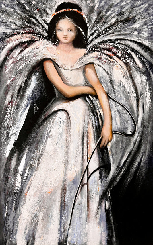 Angelic art depiction of a woman in a flowing white dress with abstract elements