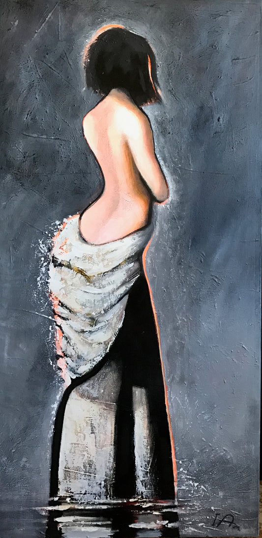 Artistic depiction of a nude figure draped in fabric against a dark background