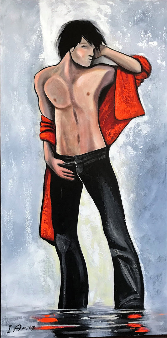 Artistic depiction of a shirtless person with a red garment draped over their shoulder against a light gray background.