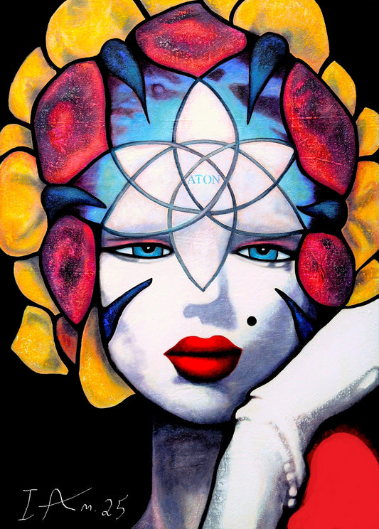 Artistic depiction of a face with geometric design and colorful hair, resembling stained glass art.