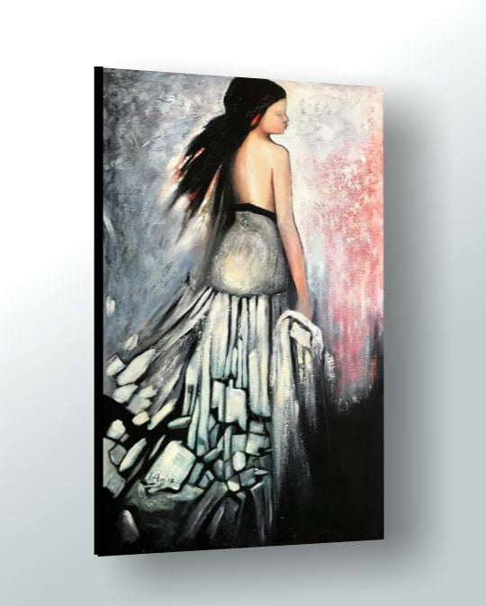 Art painting of a woman in a flowing dress with abstract background