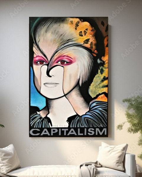 Abstract art piece with a stylized face and the word 'CAPITALISM' on a wall.