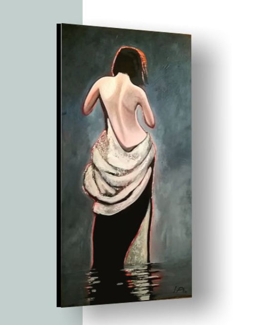 Painting of a nude figure with a draped cloth in water on a gray background
