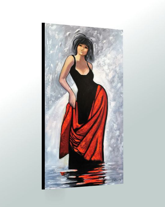 Framed artwork of a woman in a black top and red skirt standing in water.