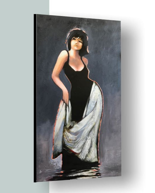 Painting of a woman in a black top and white skirt against a dark background