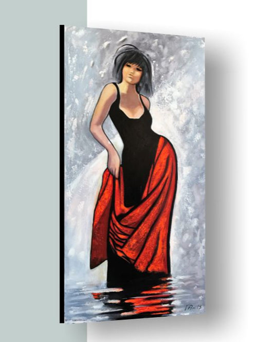 Artistic depiction of a woman in a black top and red skirt against a gray background