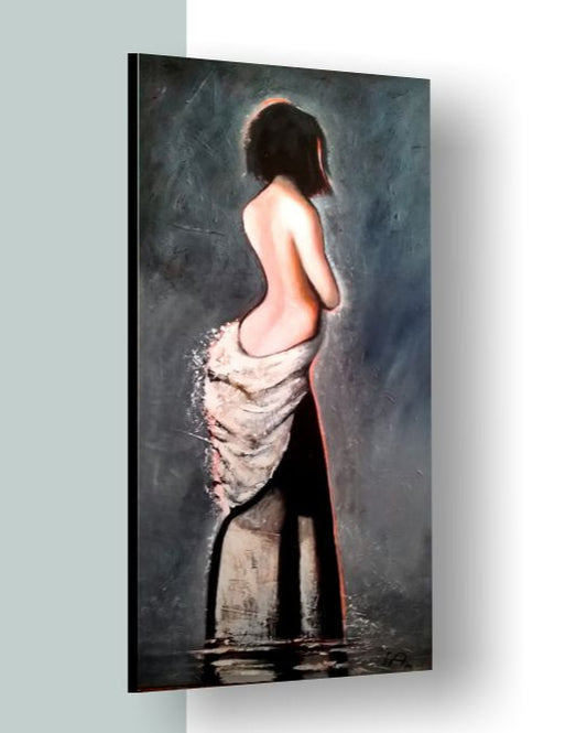 Artistic depiction of a nude figure with a white garment on a dark background