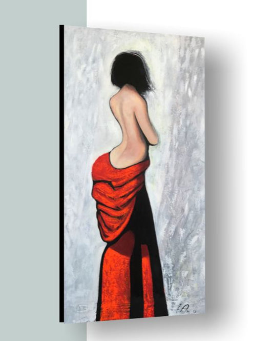 Artistic depiction of a figure draped in red fabric against a gray background