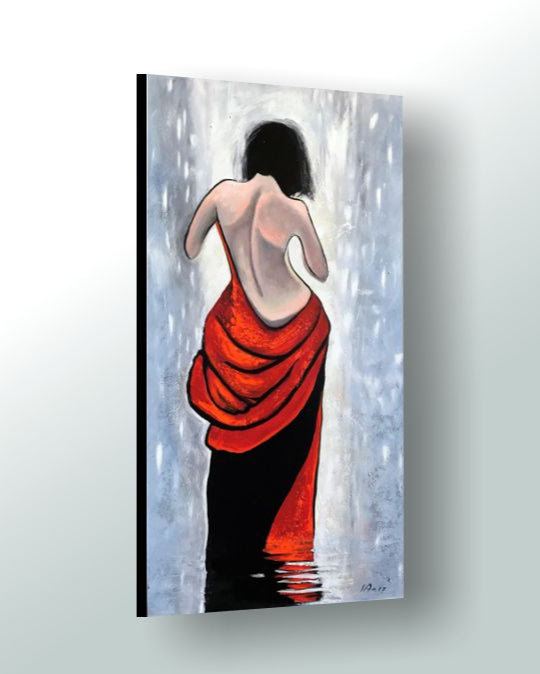 Artwork painting of a woman in a red and black outfit standing in water with a white background