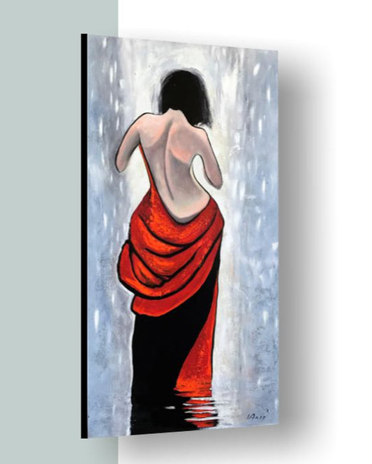 Artistic depiction of a woman in a red garment standing in water with a blurred white background