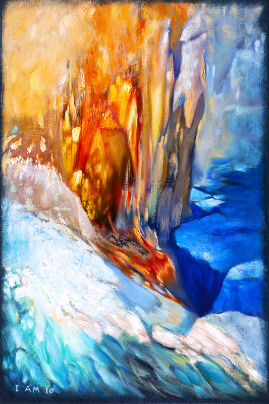 abstract painting of fire eruption and ice glaciers in blue white and orang red