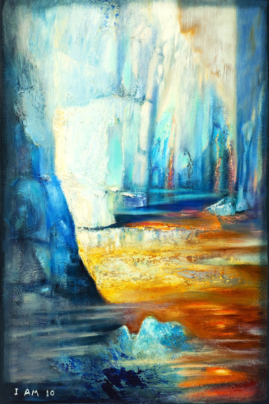 Abstract painting of water and glaciers with blue, orange, and white colors