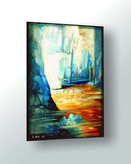Framed abstract painting with a person walking through a forest, on a white wall.