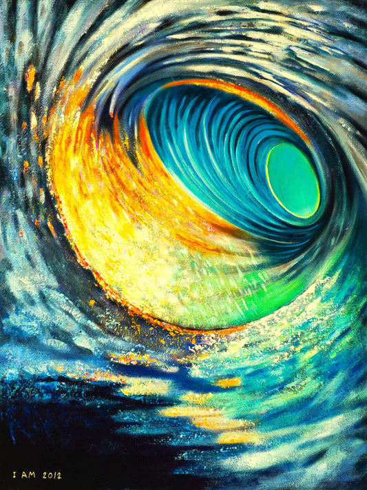 Colorful abstract painting with swirling patterns in blue, green, and orange.