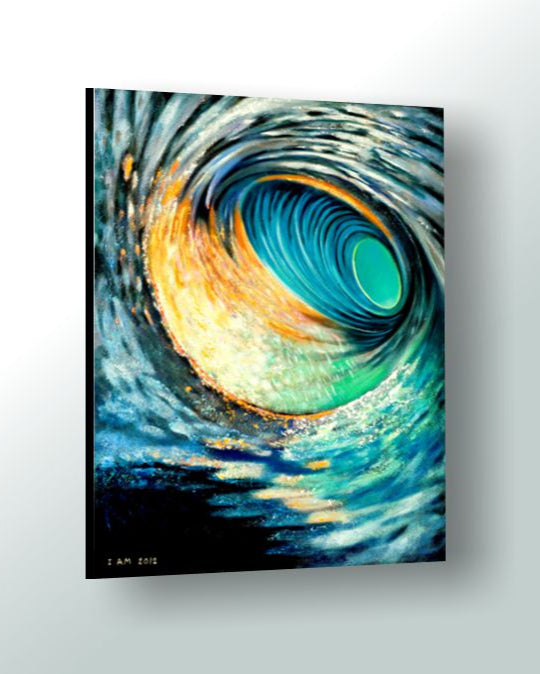 Abstract seascape painting with swirling blue colors on a white background