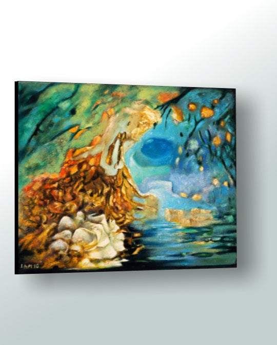 Abstract landscape painting with vibrant aqua gold colors on a white background