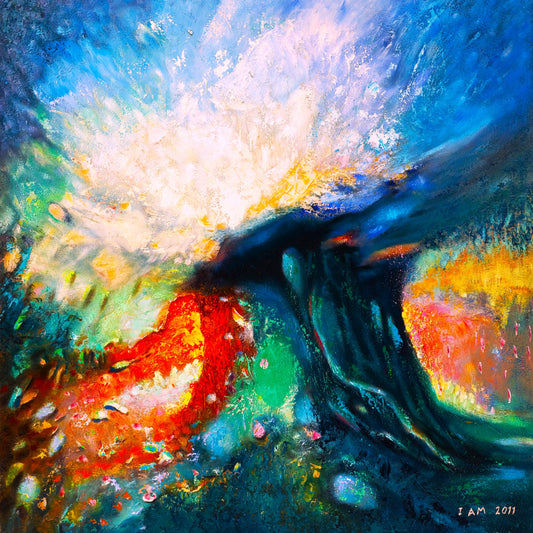 Abstract sunset painting with vibrant colors and dynamic brush strokes
