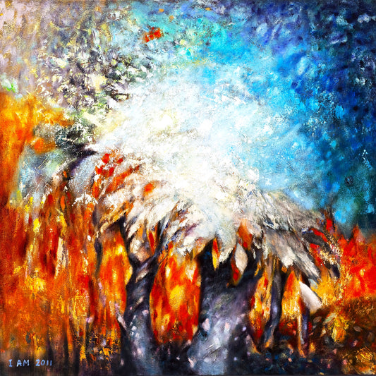 tree in white and blue colors against orange gold fire impressionist art style