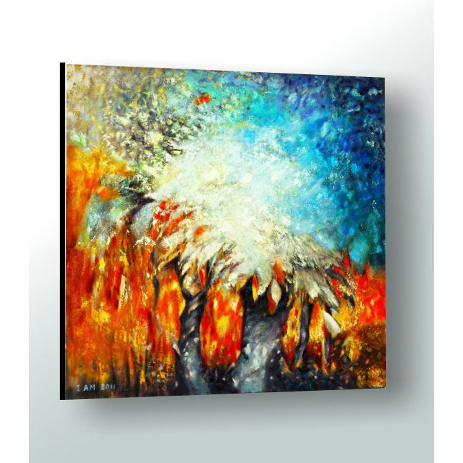 Abstract forest painting with vibrant colors on a white background