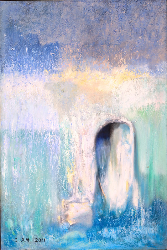 Abstract artwork with a central figure in a blue and white color scheme
