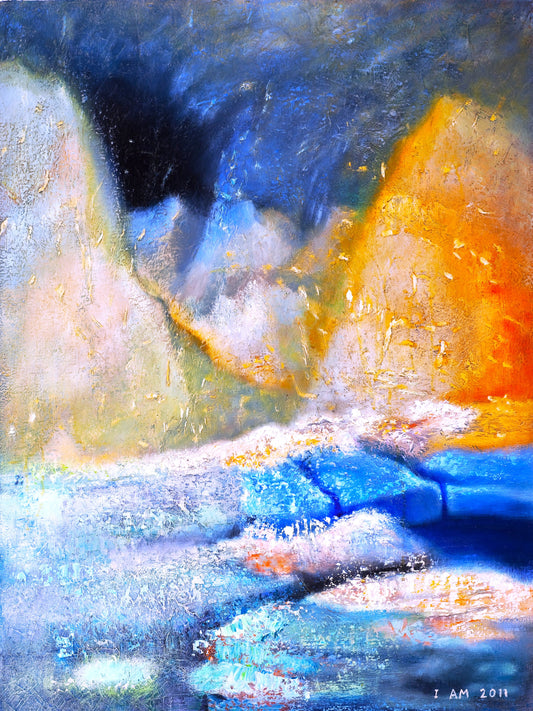 Abstract painting with blue, orange, and white colors