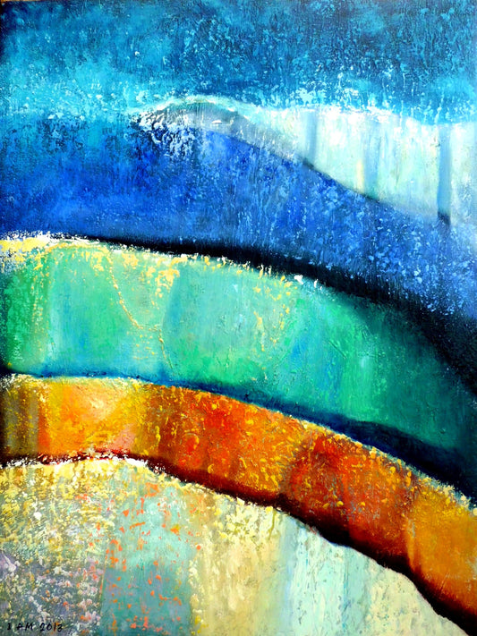 Abstract painting with blue, green, and orange colors