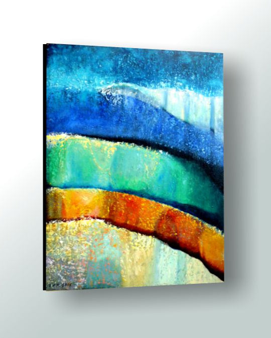 Abstract painting with blue, green, and orange colors on a white background