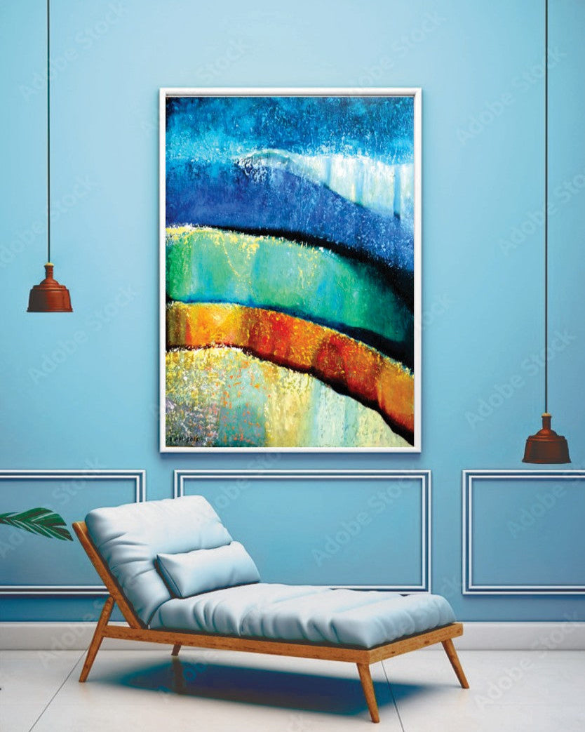 Colorful abstract painting on a blue wall above a modern chair.