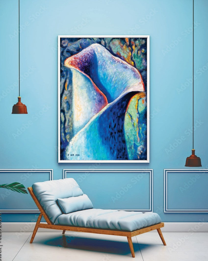 Colorful abstract painting on a blue wall above a modern chair.