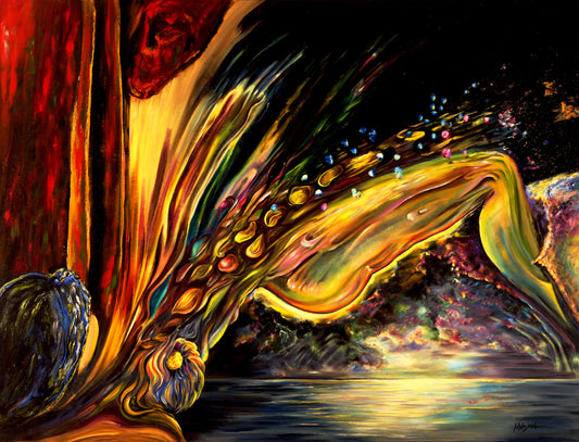 Abstract artwork with vibrant colors and flowing forms on a dark background