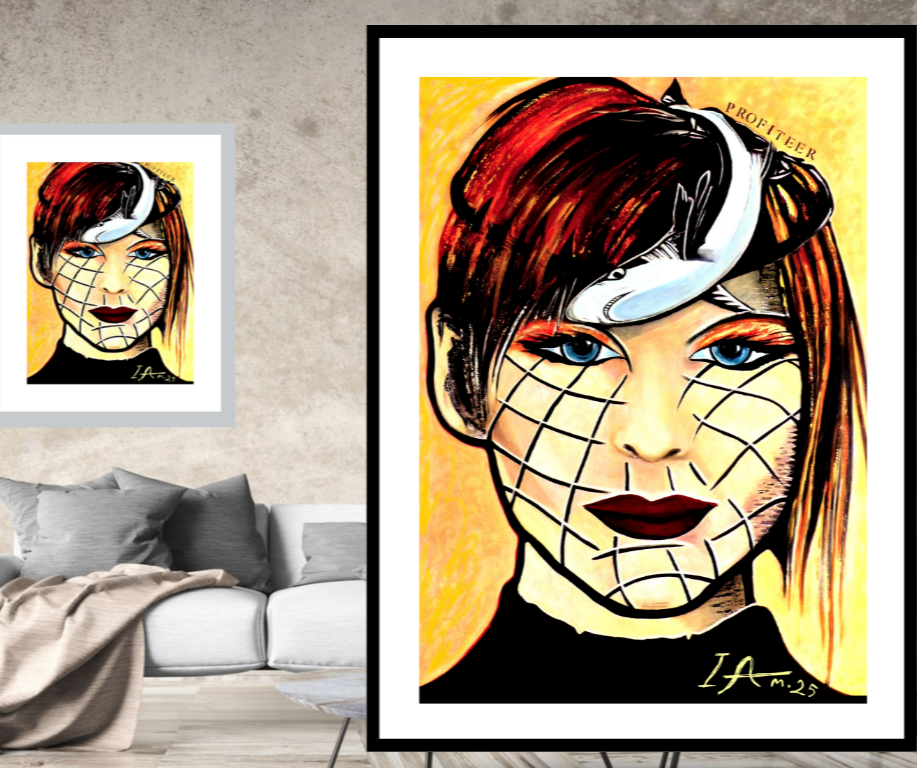 Framed artwork of a stylized woman's face with red hair and blue eyes in a living room setting.
