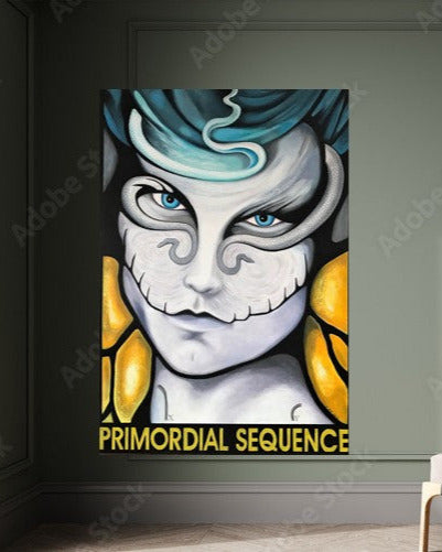 Artistic depiction of a character with blue hair and yellow accents on a dark wall.